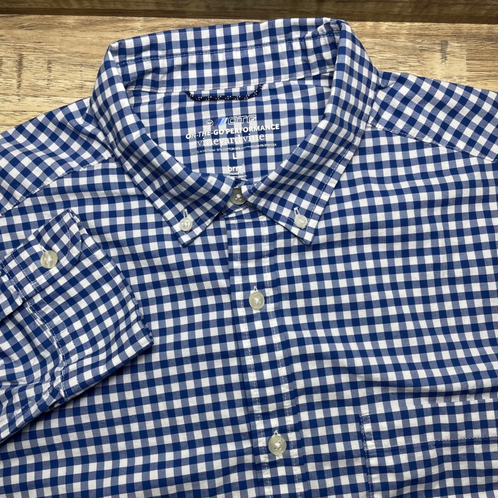 Vineyard Vines Mens Large Blue Gingham On-The-Go Performance brrr Cooling Shirt